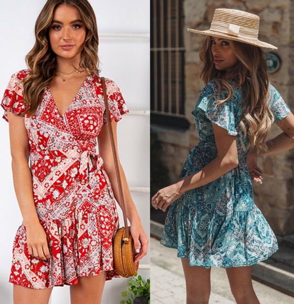 women v-neck boho dresses evening party beach dresses sundress summer short sleeve print mini dress, Black;gray 
women v-neck boho dresses evening party beach dresses sundress summer short sleeve print mini dress, Black;gray