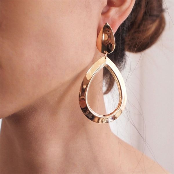 ek2200 european brand fashion big hollow water drop dangle earrings for women simple statement smooth metal jewelry accessories, Silver