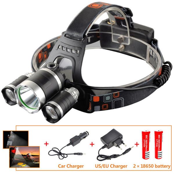 

2019 cree xml t6+2r5 led headlight headlamp head lamp light 4mode torch +2x18650 battery+eu/us car charger for fishing lights