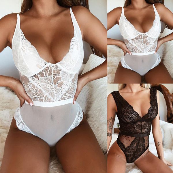women lace bodysuit lingerie sleeveless v neck stretch leotard jumpsuit top, Red;black