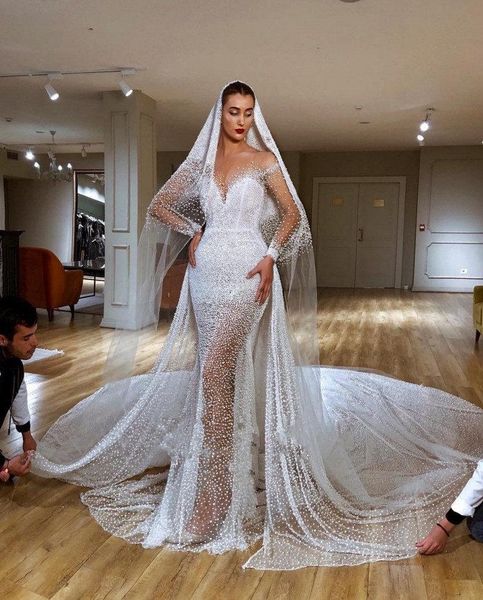 2020 luxury full pearls beaded mermaid wedding dresses cathedral train plus size sheath bridal gown with veils, White
2020 luxury full pearls beaded mermaid wedding dresses cathedral train plus size sheath bridal gown with veils, White
