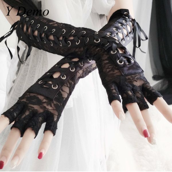 gothic patchwork hollow out women glove casual lace accessory, Blue;gray