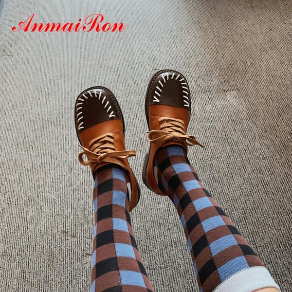 anamiron casual round toe genuine leather shoes woman basic low square heel lace-up spring/autumn platform heels 34-39, Black