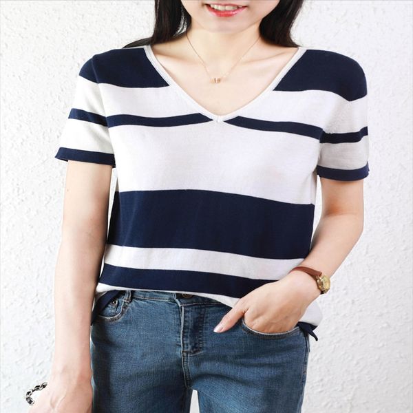 2020 color matching striped short-sleeved t-shirt female v-neck cotton thread contrast color knitted sweater loose slim thin top, White
2020 color matching striped short-sleeved t-shirt female v-neck cotton thread contrast color knitted sweater loose slim thin top, White