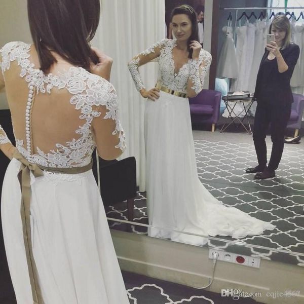 2018 new lace applique wedding dresses illusion wedding gowns plus size sweep train bridal dress with sash 553, White
2018 new lace applique wedding dresses illusion wedding gowns plus size sweep train bridal dress with sash 553, White