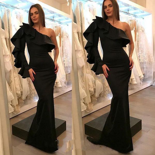 2020 modest one shoulder evening dresses black long sleeve mermaid abendkleider ruffles satin long formal gowns robe de soiree, Black;red
2020 modest one shoulder evening dresses black long sleeve mermaid abendkleider ruffles satin long formal gowns robe de soiree, Black;red
