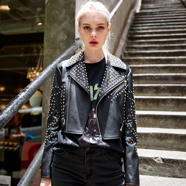 motor biker leather jacket women rivet beading basic pu jacket slim short zipper casual punk streetwear cropped leather coat, Black
motor biker leather jacket women rivet beading basic pu jacket slim short zipper casual punk streetwear cropped leather coat, Black