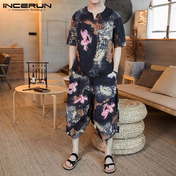 incerun summer men chic print half sleeve t-shirt+calf-length pants casual set retro fashion comfort baggy mens suits streetwear, Gray
incerun summer men chic print half sleeve t-shirt+calf-length pants casual set retro fashion comfort baggy mens suits streetwear, Gray