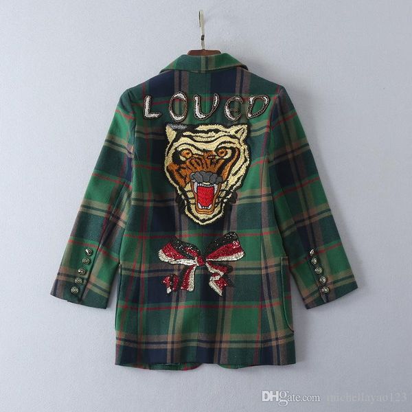 2018 green plaid short women's coats back letter sequins tiger embroidery coats women 98790, Black
2018 green plaid short women's coats back letter sequins tiger embroidery coats women 98790, Black