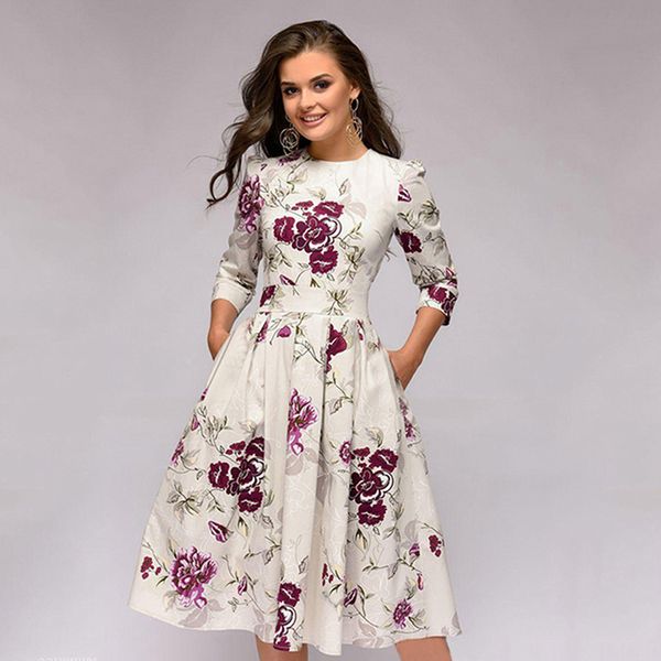 women dress retro floral printing cropped sleeves round neck dress autumn pockets casual party, Black;gray 
women dress retro floral printing cropped sleeves round neck dress autumn pockets casual party, Black;gray