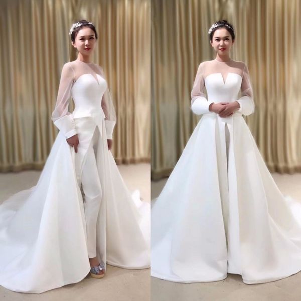 stunning front split wedding dresses with pants sheer jewel neck long sleeves bridal gowns a line satin robe de mariée, White
stunning front split wedding dresses with pants sheer jewel neck long sleeves bridal gowns a line satin robe de mariée, White
