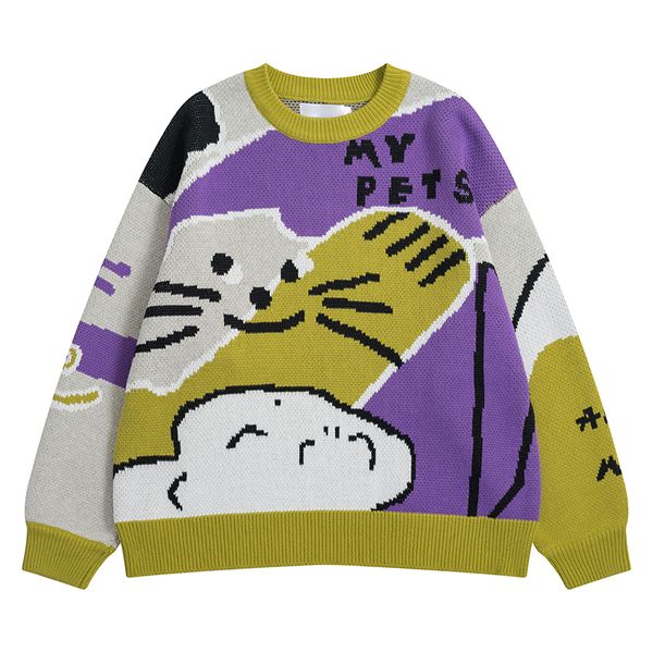 women's new preppy style colorblock cartoon jacquard sweater couple long sleeve o-neck pullover women's knit top, White;black