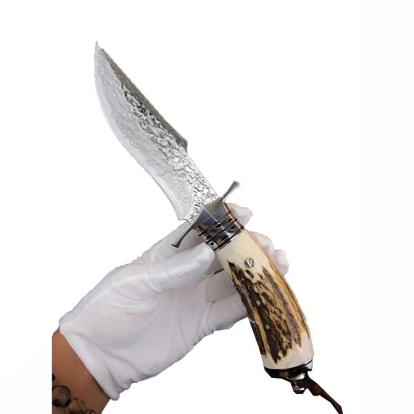 VG10 Damascus Steel Hunting Knife Natural Antler + Handmade Crown White Seashell Handle Camping Survival Knife with Luxury Leather Sheath
VG10 Damascus Steel Hunting Knife Natural Antler + Handmade Crown White Seashell Handle Camping Survival Knife with Luxury Leather Sheath
