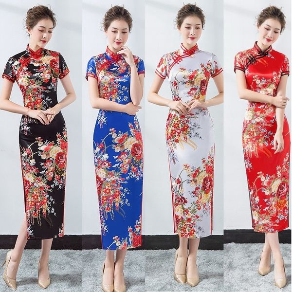 2019 chinese traditional dress female silk satin cheongsam short sleeve long dress qipao flower print split wedding, Red
2019 chinese traditional dress female silk satin cheongsam short sleeve long dress qipao flower print split wedding, Red