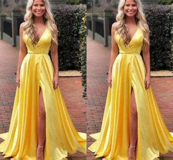 simple yellow a line prom dresses satin spaghetti straps v neck high side split sweep train formal dress evening gowns ogstuff, Black
simple yellow a line prom dresses satin spaghetti straps v neck high side split sweep train formal dress evening gowns ogstuff, Black