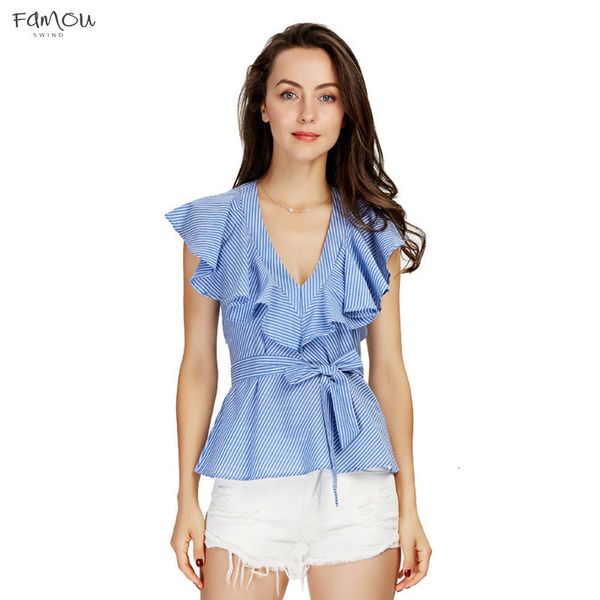 Short Sleeve Women Sweet Ruffles Striped Blue Shirts Sexy Tops Sashes Short Sleeve Blouses Ladies European Style V-Neck Blusas