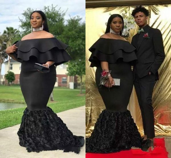 African 2019 Mermaid Prom Dresses Black Off Shoulder Cheap Evening Gowns Ruched 3D rose floral Women Formal Plus Size Party Dress
African 2019 Mermaid Prom Dresses Black Off Shoulder Cheap Evening Gowns Ruched 3D rose floral Women Formal Plus Size Party Dress
