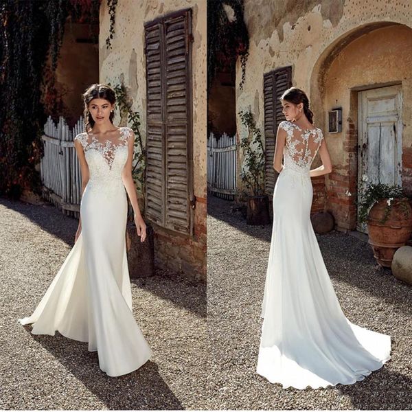 Sexy Dress Sleeveless See Through Top Appliqued Lace Wedding Dresses Mermaid Beach Boho Bridal Gown, White
Sexy Dress Sleeveless See Through Top Appliqued Lace Wedding Dresses Mermaid Beach Boho Bridal Gown, White
