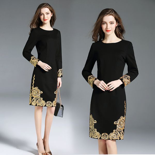 autumn 2019 runway fashion luxury gold embroidery flower long sleeve elegant o-neck black party dress vestidos, Black;gray
autumn 2019 runway fashion luxury gold embroidery flower long sleeve elegant o-neck black party dress vestidos, Black;gray