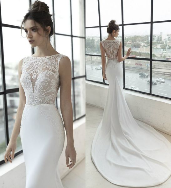julie vino mermaid wedding dresses jewel neck lace appliqued illusion bodice sweep train satin beach wedding dress plus size bridal gowns, White
julie vino mermaid wedding dresses jewel neck lace appliqued illusion bodice sweep train satin beach wedding dress plus size bridal gowns, White
