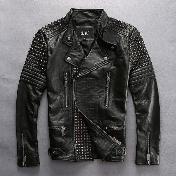 read description asian size mens punk rivet motorcycle rider cow leather jacket male stylish genuine cowhide leather jacket, Black
read description asian size mens punk rivet motorcycle rider cow leather jacket male stylish genuine cowhide leather jacket, Black