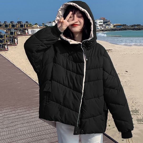 winter jacket women hooded solid loose female coat short stylish parka both two sides, Black
winter jacket women hooded solid loose female coat short stylish parka both two sides, Black