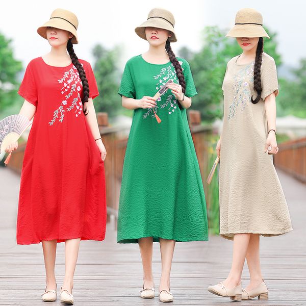 2019 summer new style cotton linen embroidered mid-length literature and art pastoral style short-sleeve dress women's, Red
2019 summer new style cotton linen embroidered mid-length literature and art pastoral style short-sleeve dress women's, Red