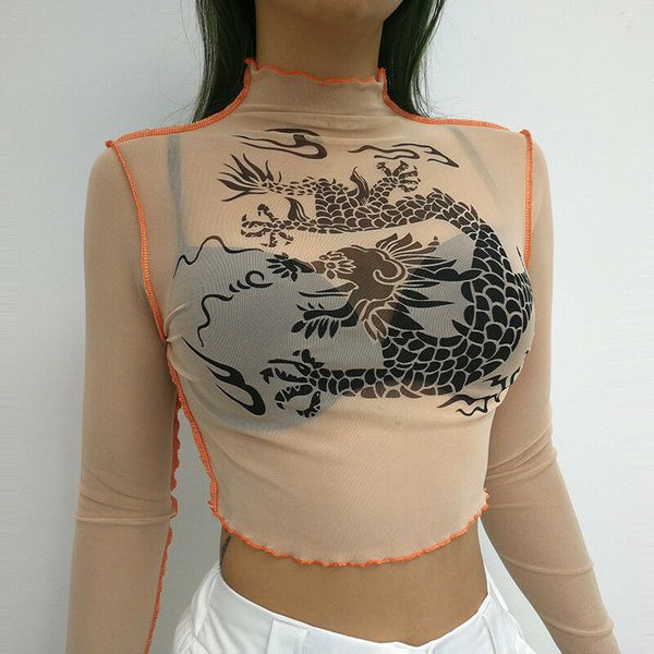 women mesh sheer see-through turteneck dragon print long sleeve shirts crop tee t shirt blouse, White
women mesh sheer see-through turteneck dragon print long sleeve shirts crop tee t shirt blouse, White