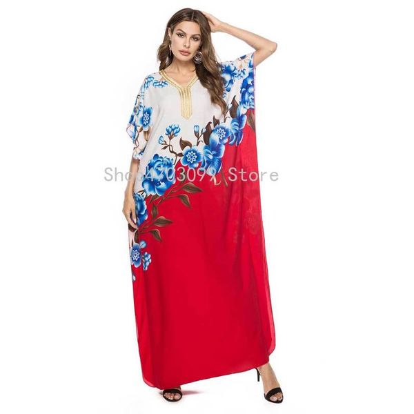 

2019 summer floral printed bohemian maxi dress bat sleeve muslim abaya islamic dubai arabic morocco robe plus size, Red