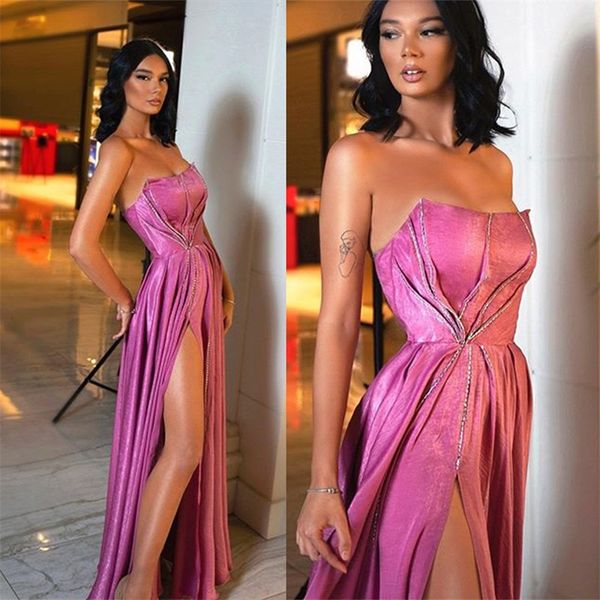pink a-line evening dresses strapless sleeveless high-split ruched satin beaded prom dress backless sweep train party gown, Black;red
pink a-line evening dresses strapless sleeveless high-split ruched satin beaded prom dress backless sweep train party gown, Black;red