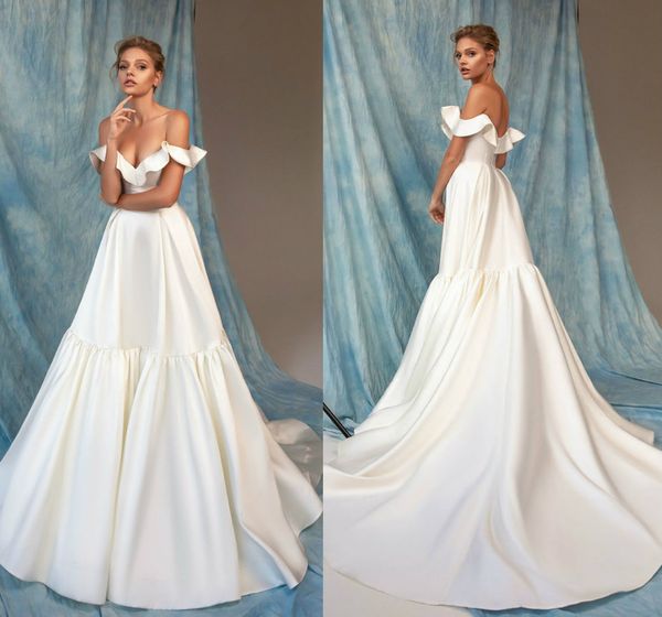 2020 sell a-line wedding dresses off-shoulder sleeveless satin wedding gown ruched custom made court train bridal gown, White
2020 sell a-line wedding dresses off-shoulder sleeveless satin wedding gown ruched custom made court train bridal gown, White
