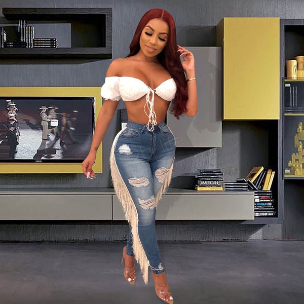 women ripped hole tassels jeans bodycon high waist summer autumn pant slim skinny stretch denim trousers pants, Blue
women ripped hole tassels jeans bodycon high waist summer autumn pant slim skinny stretch denim trousers pants, Blue