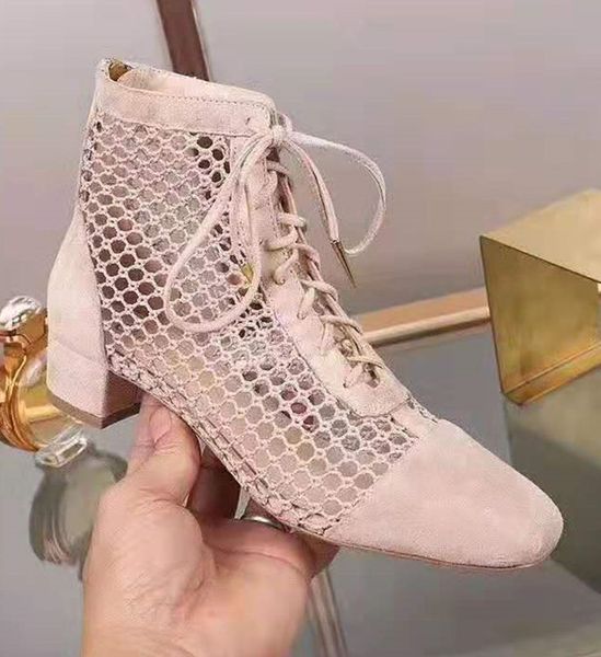 branded women black fishnet sude lace-up boot designer lady nude low 3 cm heel star leather sole ankle boot