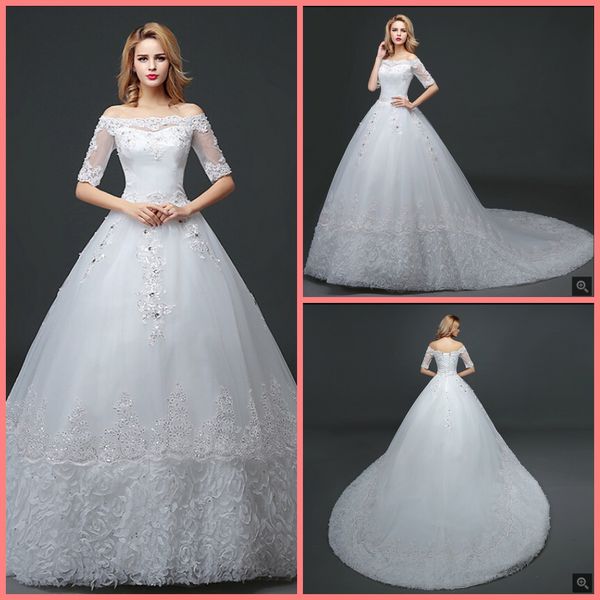 selling lace appliques beaded ball gown wedding dress off the shoulder half sleeve modest wedding gowns chapel train beaded bride dress, White
selling lace appliques beaded ball gown wedding dress off the shoulder half sleeve modest wedding gowns chapel train beaded bride dress, White