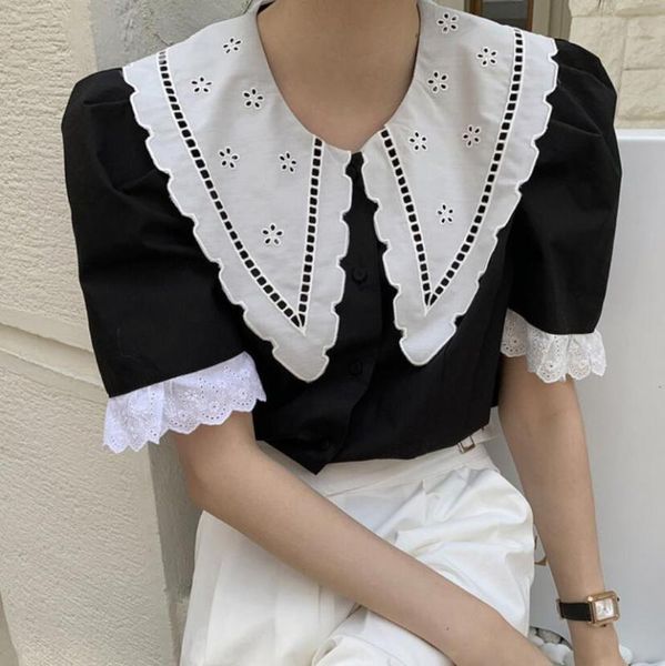 2020 summer women blouses short sleeve sweet korean preppy doll collar lace stitching hollow out shirt r855, White
2020 summer women blouses short sleeve sweet korean preppy doll collar lace stitching hollow out shirt r855, White