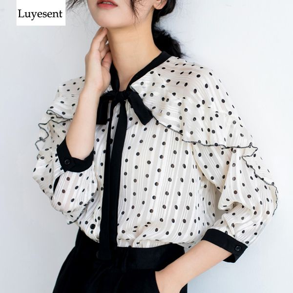 women ol ruffles three quarter sleeve summer blouse femme polka dot casual lace-up bow chiffon blouses 2019 office sweet new, White
women ol ruffles three quarter sleeve summer blouse femme polka dot casual lace-up bow chiffon blouses 2019 office sweet new, White