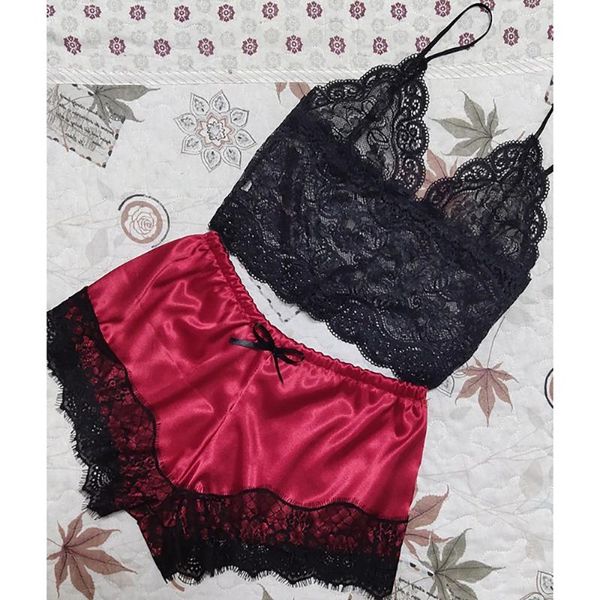2pcs women's vest shorts lingerie set spaghetti straps pajamas sleepwear pajamas lace bra split two-piece underwear nightdr, Black;red
2pcs women's vest shorts lingerie set spaghetti straps pajamas sleepwear pajamas lace bra split two-piece underwear nightdr, Black;red