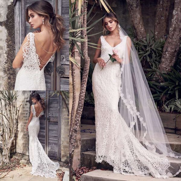 2019 lace mermaid wedding dresses v neck appliques sweep train backless bridal gowns custom beach bohemia wedding dress plus size, White
2019 lace mermaid wedding dresses v neck appliques sweep train backless bridal gowns custom beach bohemia wedding dress plus size, White