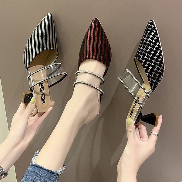 geometric stripes high heel slippers women summer shoes pointed toe transparent pvc rhinestone band sandals female slippers, Black
geometric stripes high heel slippers women summer shoes pointed toe transparent pvc rhinestone band sandals female slippers, Black