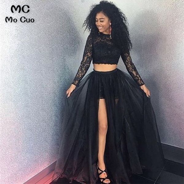 three pieces gown black evening dresses long sleeve with lace front slit prom gown vestidos de fiesta women evening dress, White;black
three pieces gown black evening dresses long sleeve with lace front slit prom gown vestidos de fiesta women evening dress, White;black