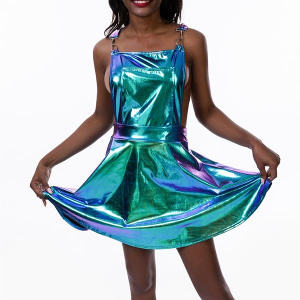 women a line adjustable straps pleated mini overall wet look clubwear holographic suspenders dress, Black;gray
women a line adjustable straps pleated mini overall wet look clubwear holographic suspenders dress, Black;gray