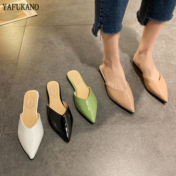 pointed toe mules slippers 2020 new patent leather student flat flip flop baotou half slippers outsides beach holiday slides, Black
pointed toe mules slippers 2020 new patent leather student flat flip flop baotou half slippers outsides beach holiday slides, Black