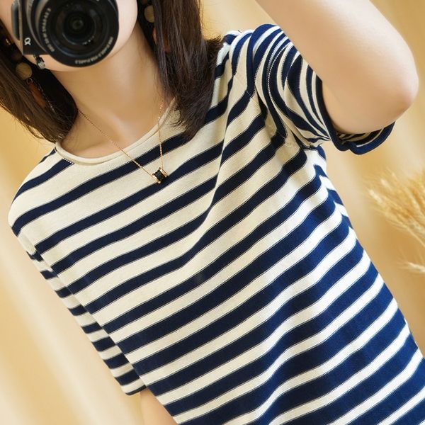 2020 pure women's loose cotton t- cotton t-shirt round collar half sleeve knitted shirt striped thin base short sleeve, White
2020 pure women's loose cotton t- cotton t-shirt round collar half sleeve knitted shirt striped thin base short sleeve, White