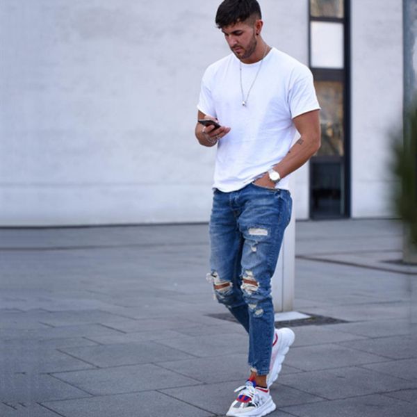 man knee holes pants bound feet jeans men's wear 2019 new fashion streetwear design pencil pants comfortable male denim trousers, Blue
man knee holes pants bound feet jeans men's wear 2019 new fashion streetwear design pencil pants comfortable male denim trousers, Blue