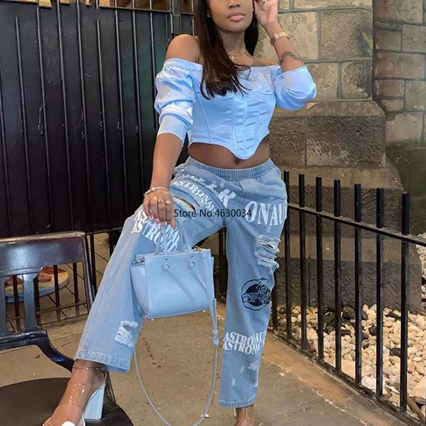 women letter printd ripped jeans regular denim pants casual chic streetwear elegant long pants, Blue
women letter printd ripped jeans regular denim pants casual chic streetwear elegant long pants, Blue