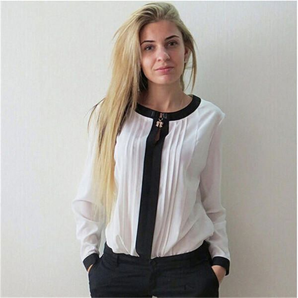 women chiffon shirt blouse long-sleeved neckline pendants pleated clothing round neck, White
women chiffon shirt blouse long-sleeved neckline pendants pleated clothing round neck, White