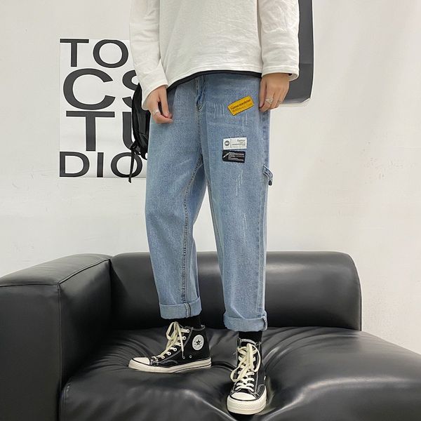 mens spring collage loose jeans thin middle waist straight leg pocket cropped pants youth designer casual clothing, Blue
mens spring collage loose jeans thin middle waist straight leg pocket cropped pants youth designer casual clothing, Blue