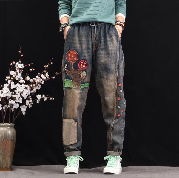 vintage embroidered patch loose women jeans 2019 autumn winter elastic waist harem pants p237, Blue
vintage embroidered patch loose women jeans 2019 autumn winter elastic waist harem pants p237, Blue