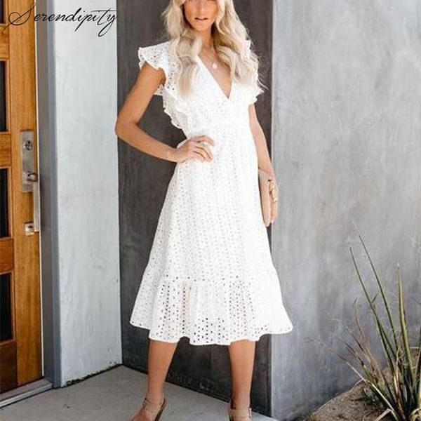 hollow out white deep v neck ruffle white lace summer dress women vacation beach dress sleeveless long party elegant dress, Black;gray 
hollow out white deep v neck ruffle white lace summer dress women vacation beach dress sleeveless long party elegant dress, Black;gray
