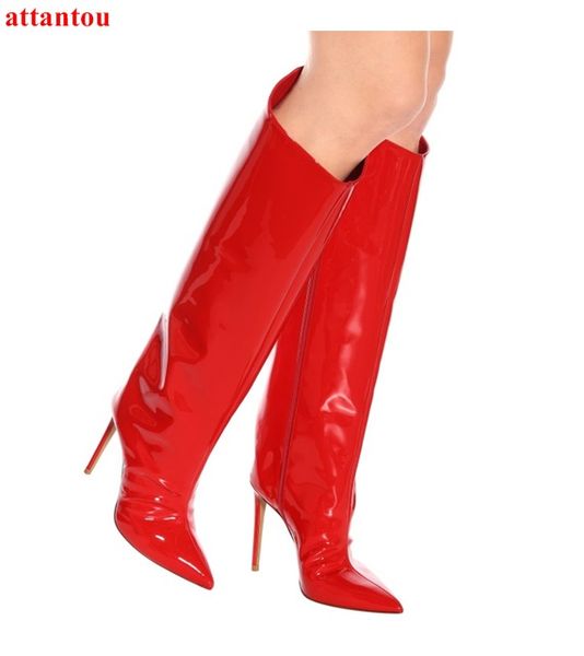 red leather woman long boots thin heel female knee-high boots 2019 fashion pointed toe model outfit party show dress shoes, Black
red leather woman long boots thin heel female knee-high boots 2019 fashion pointed toe model outfit party show dress shoes, Black